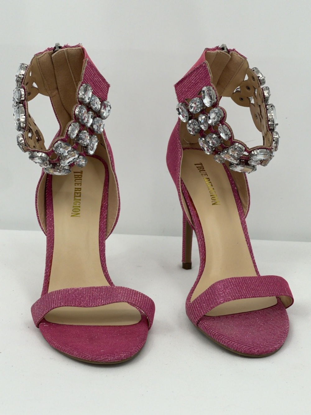 True Religion BRAELYNN Pink Crystal-Ankle Stiletto Sandals HEELS WOMENS 7.5